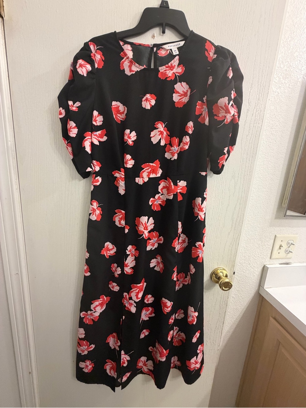POPSUGAR Black Midi Dress with Red & Pink Floral Print